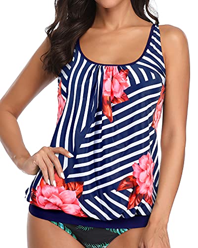 Flattering Black Blouson Bathing Suit Top For Women-Blue Floral