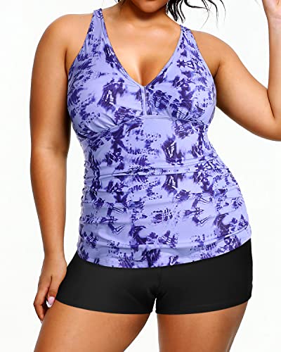 Ruched Plus Size Tankini Two Piece Swimsuits Shorts For Women-Blue Tie Dye