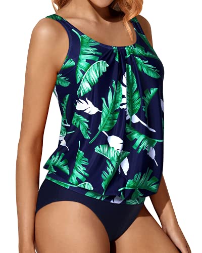 Stylish And Modest Loose Fit Tankini Swimwear For Women-Blue Leaf