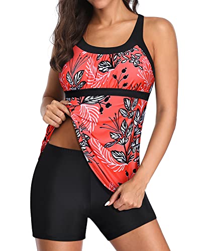 U Neck Swim Tank Top Tummy Control And Boyshorts Modest Swimwear-Red Floral