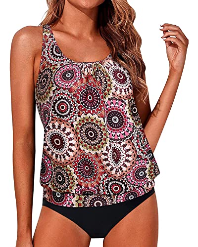 Adjustable Straps Loose Fit Swimsuits For Women 2 Piece Tankini-Brown Print