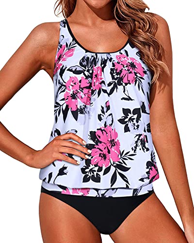 Women's Flattering Two Piece Blouson Tankini Swimwear-White Floral