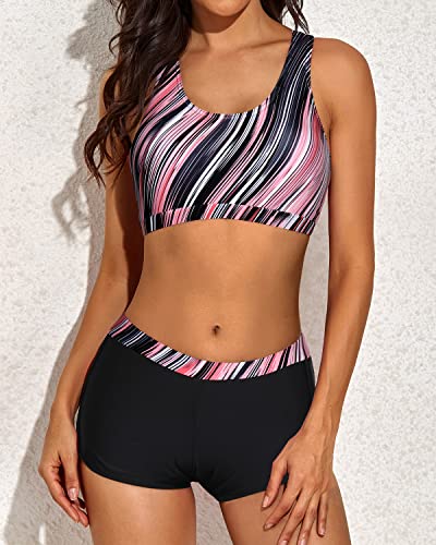 3 Piece Athletic Tankini Swimsuits Shorts For Women-Black And Pink Stripes