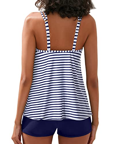 Athletic Two Piece Swimsuit Tankini Top & Boy Shorts Juniors Bathing Suit-Blue White Stripe