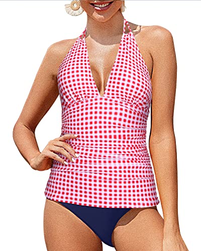 V-Neck Tankini Sexy Double Straps Detail For Women-Red Plaid And Blue