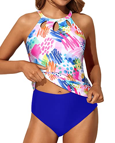 Trendy Swim Top & High Waisted Bottom Tummy Control Tankini Swim Suit-Colorful Watercolor
