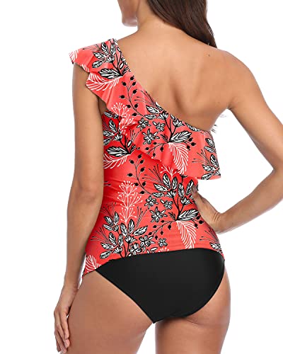 Tummy Flattering Bathing Suits One Shoulder Swimsuits For Women-Red Floral