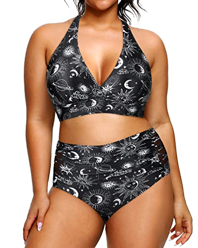 Women's Tummy Control Two Piece Plus Size High Waisted Bikini Swimsuit-Black Sun And Moon