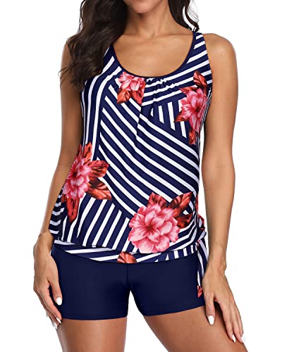 Women's Blouson Tankini Top Shorts Tummy Control Loose Fit-Blue Floral