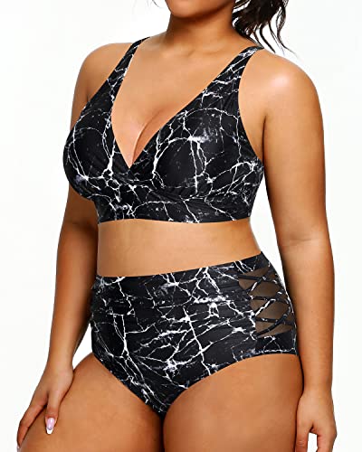 Women's Plus Size Two Piece Bikini Swimsuits High Waisted Tummy Control-Black Marble