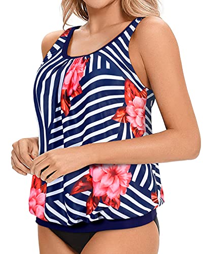 Flattering Black Blouson Bathing Suit Top For Women-Blue Floral