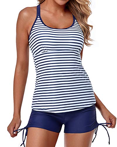 Two Piece Tankini Swimsuits Secure Support For Women-Blue White Stripe