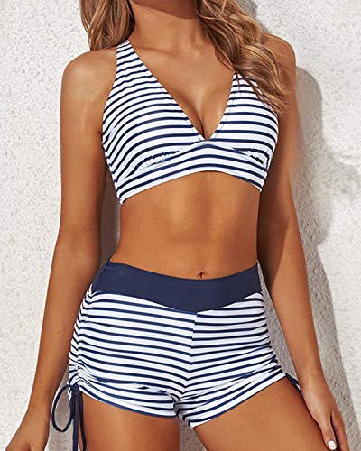 Women's O-Ring Detail Tankini Swimsuits Boy Shorts And Bra-Blue White Stripe