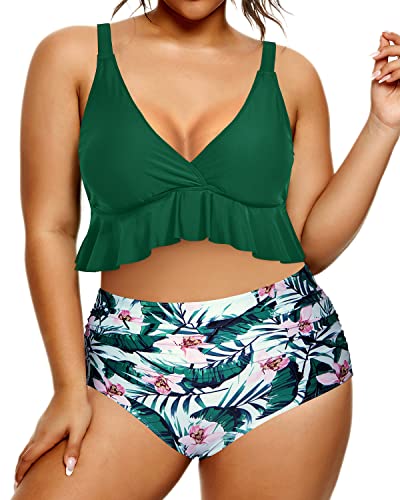 Plus Size Bathing Suits For Women Two Piece Ruffle Swimsuits For Women-Green Tropical Floral