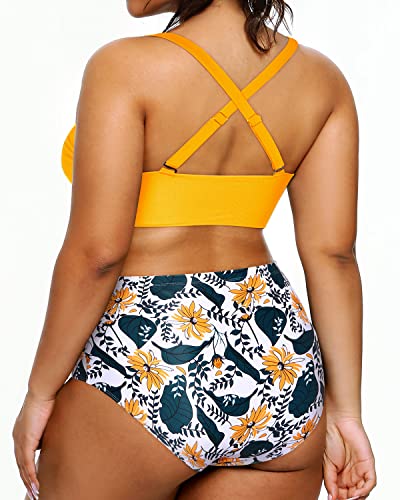 Plus Size Bikini High Waisted Two Piece Swimsuit Push-Up Padded Bra-Yellow Floral