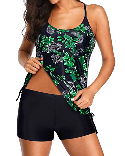 Mid Rise Tankini Silky Side Tie Tank Top For A Comfortable Fit-Green Paisley