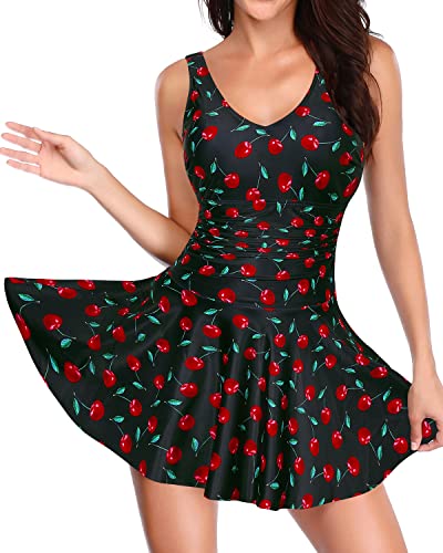 Vintage Bathing Suits Skirt Swim Dresses For Women One Piece-Black Cherry