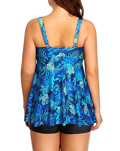 Two Piece Plus Size Tankini Boy Shorts Swimsuits-Blue Leaves