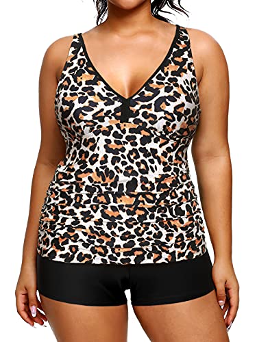 V Neck Plus Size Tankini Shorts Tummy Control Tankini Two Piece Bathing Suits-Black And Leopard