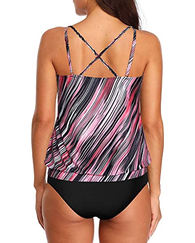 Wireless Removable Athletic Swimwear Blouson Tankini For Women-Pink Stripe