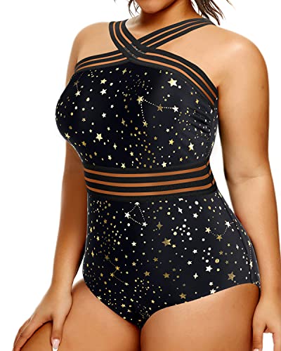 Slimming High Neck Swimwear Plus Size One Piece Swimsuit-Gold Stars