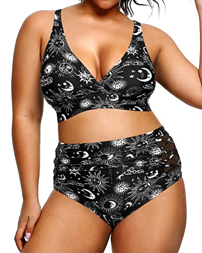 Ocean Playing Plus Size Bikini High Waisted Bikini Swimsuits For Women-Black Sun And Moon