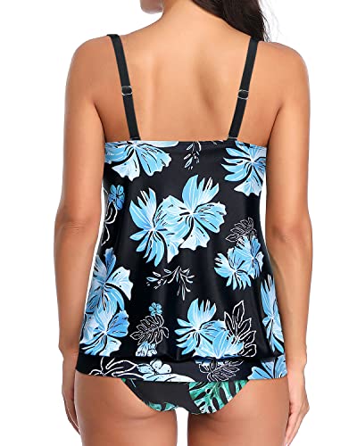 Tankini Tops For Women Blouson Style Modest And Athletic-Black Blue Floral