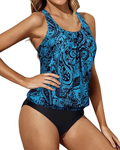 Racerback Tankini Tank Tops Bottoms Blouson Swimwear For Women-Black And Tribal Blue