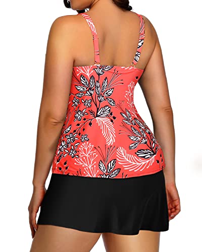 High Neck Plus Size Tankini Skirt Swimsuits For Women-Red Floral