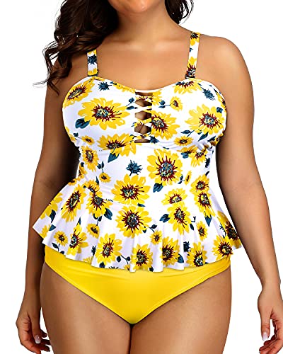 Lace Up High Waisted Swimwear For Women Bandeau Top-Yellow And Sunflower