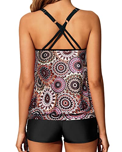 Blouson Tankini Swimsuits Two Piece Strappy Bathing Suit Tops Shorts-Brown Print