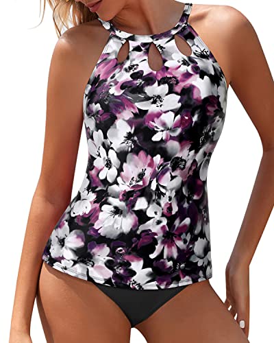 Backless Halter Neck Sexy Tankini Swimsuits For Women High Waisted Shorts-Purple Floral