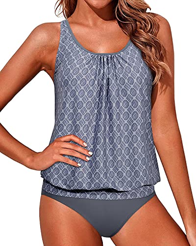 Adjustable Shoulder Straps Blouson Tankini Bathing Suits Women-Grey Tribal