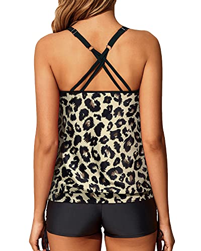 Full Coverage Strappy Criss Cross Back Womens Blouson Tankini Swimsuits-Black And Leopard