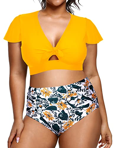 Two Piece Plus Size Bikini Set High Waisted Swimsuit For Women-Yellow Floral