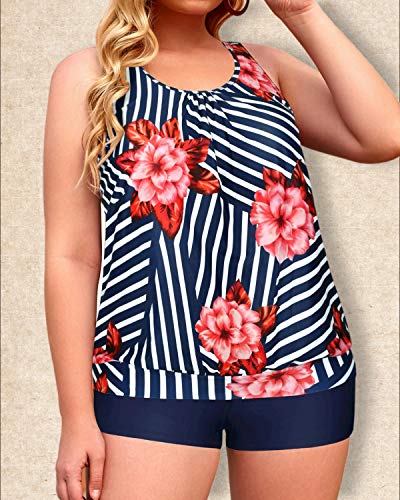 Two Piece Bathing Suits Plus Size Tankini Swimsuits For Women-Blue Floral