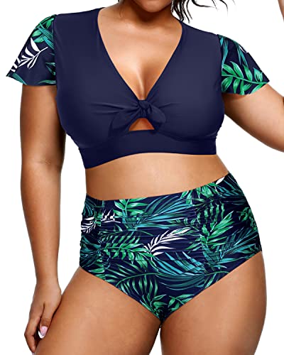 Short Sleeve Plus Size 2 Piece Tummy Control High Waisted Bikini Set Swimsuits-Navy Blue Leaf