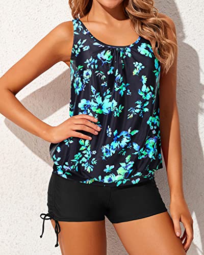 2 Piece Blouson Tankini Swimsuits For Women Boyshorts-Black Blue Floral