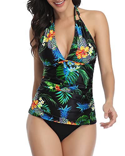 Halter Tankini Swimsuits V Neck Tops Bikini Bottom Tummy Control Bathing Suits-Black Pineapple