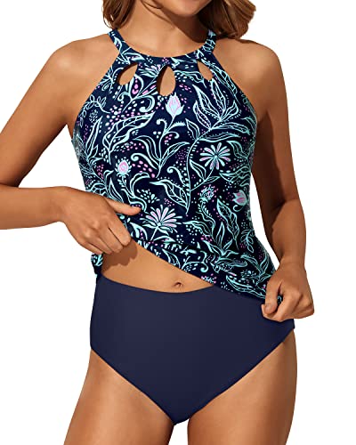 Stylish Keyhole Design Tummy Control Tankini Bathing Suit-Blue Floral –  Yonique