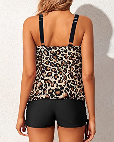 Junior's Blouson Tankini Swimsuits Pretty And Colorful Prints-Black And Leopard