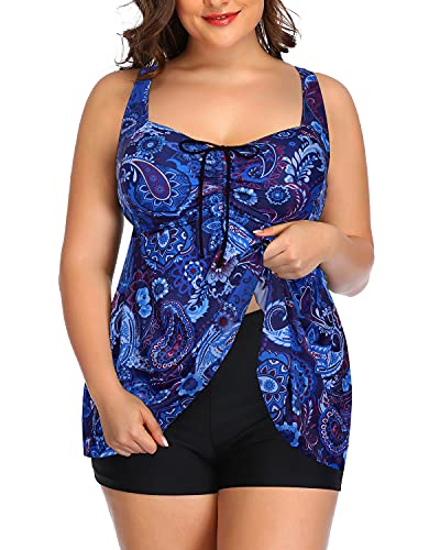 Women's Flowy Plus Size Bathing Suits Boy Shorts-Blue Tribal