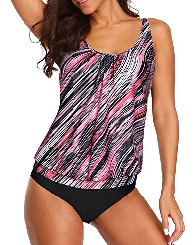 Wireless Removable Athletic Swimwear Blouson Tankini For Women-Pink Stripe