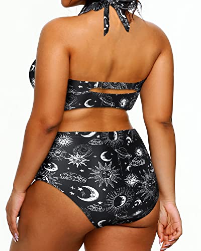 Women's Tummy Control Two Piece Plus Size High Waisted Bikini Swimsuit-Black Sun And Moon