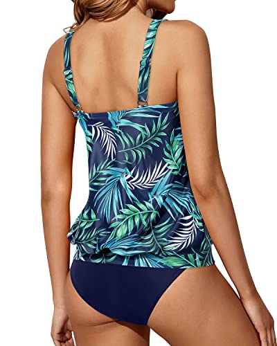 Athletic Blouson Tankini Two Piece Set For Comfortable Swimwear-Blue Leaf