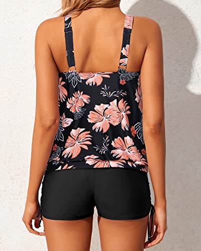 Trendy And Modest Women's Blouson Tankini Bathing Suits Boyshorts-Black Orange Floral