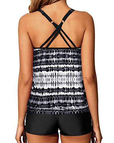 Athletic Blouson Tankini Swimsuits Two Piece Strappy Bathing Suit Tops Shorts-Black And White Tribal