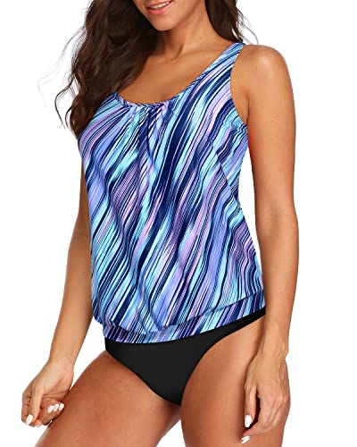 2 Piece Wireless Tankini Swimwear Elastic Band For Women-Blue And Black Stripe