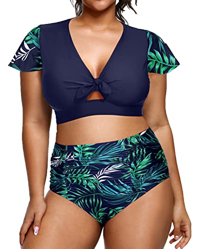 Short Sleeve Plus Size 2 Piece Tummy Control High Waisted Bikini Set Swimsuits-Navy Blue Leaf