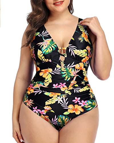 Tummy Control One Piece Swimsuit Ruched Detail For Women-Black Yellow Flower